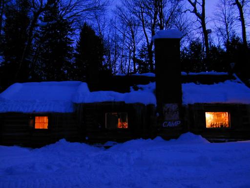 The cabin at dusk.