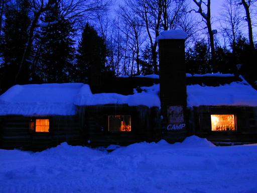 The cabin at dusk.