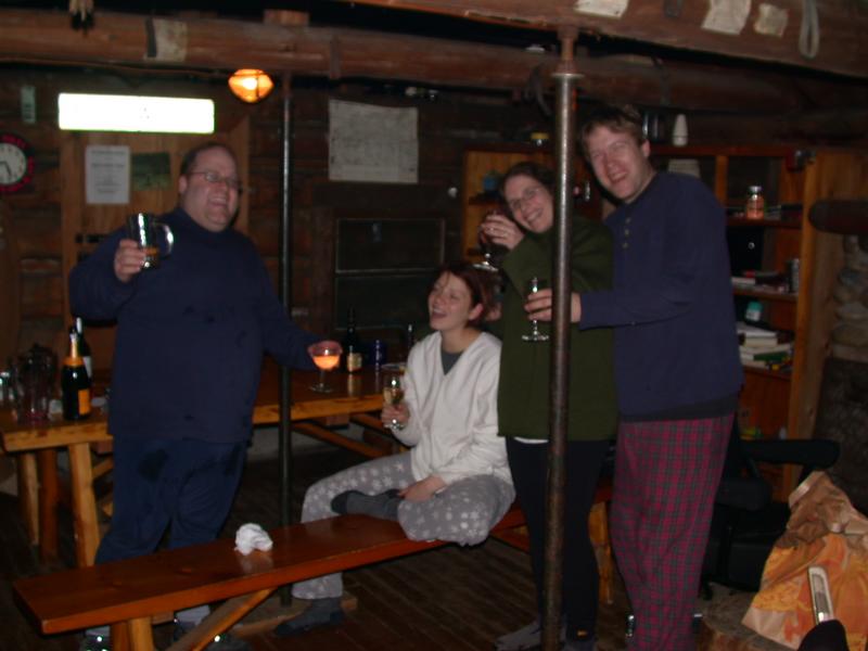 (Blury picture of) Jon, Vittoria, Amelia, and Bill celebrating the new year.
