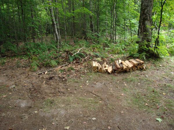 Fire wood stacked near a fire pit/camp site on th trail from the McCloud Grade-Old Seney intersection.  This one is in nice and clean.