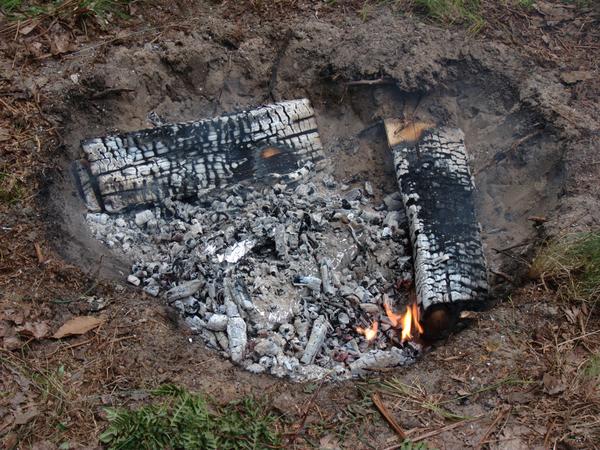 Foil pack dinners of sausage and vegetables in the coals.