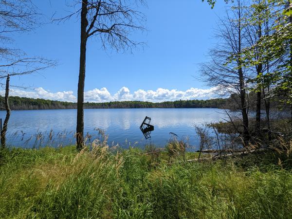 Mitchell Lake as seen from the camp with a ruined pier?