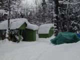 Sheds with wood and snowmobile