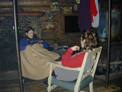 Vittoria and Amelia relaxing in the cabin.