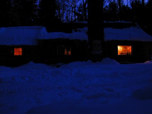 The cabin at dusk.