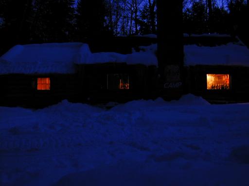 The cabin at dusk.