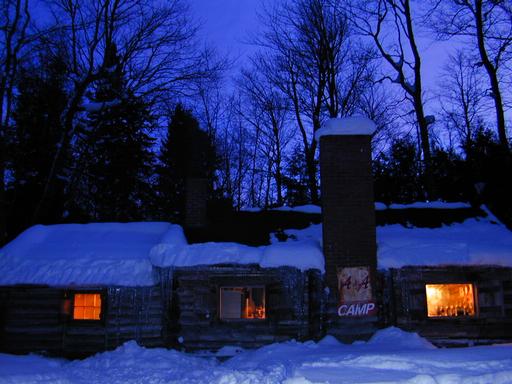 The cabin at dusk.