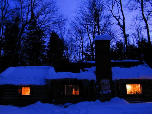 The cabin at dusk.