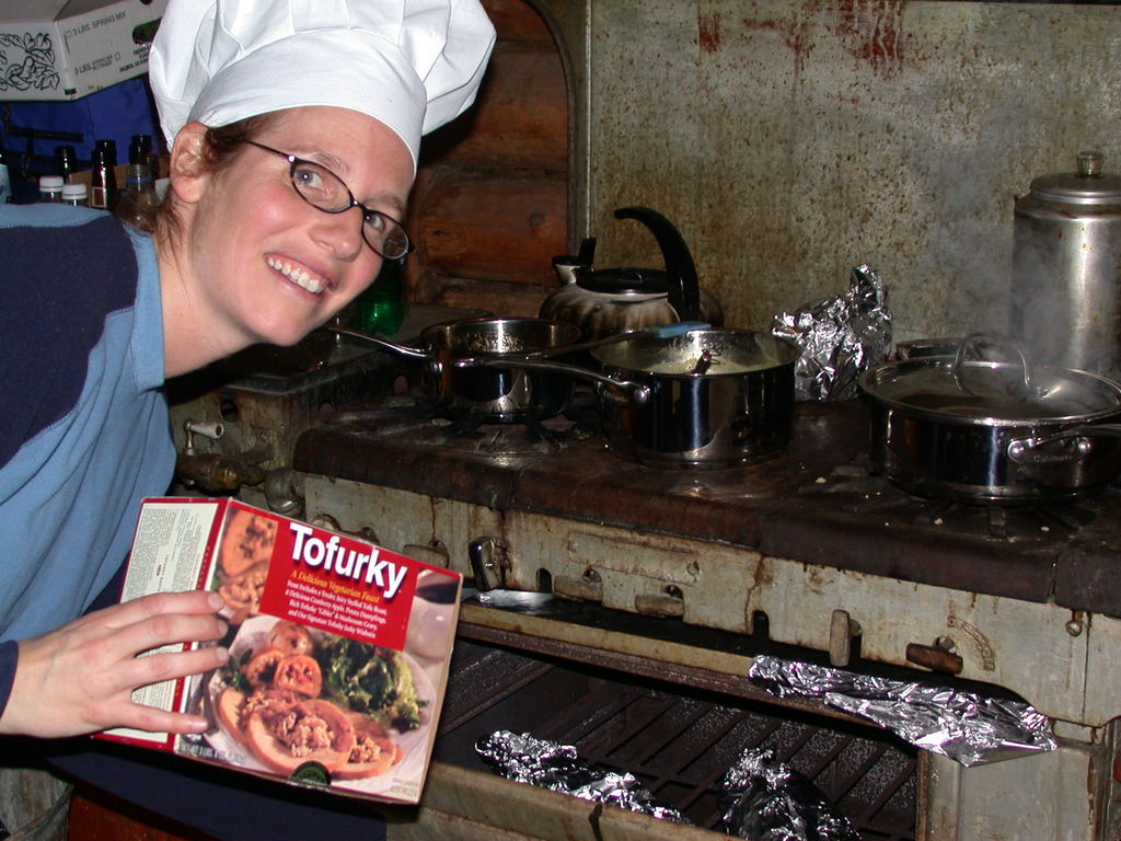 Amelia preparing the Tofurky.