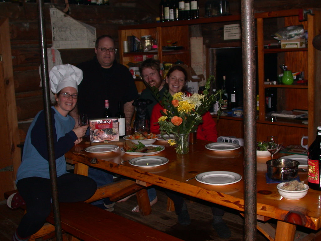 Amelia, Jon, Bill, and Vittoria ready for the Tofurky dinner.