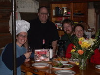 Amelia, Jon, Bill, and Vittoria ready for the Tofurky dinner.