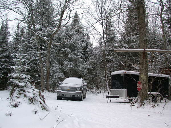 Truck and trailer after a light snow.