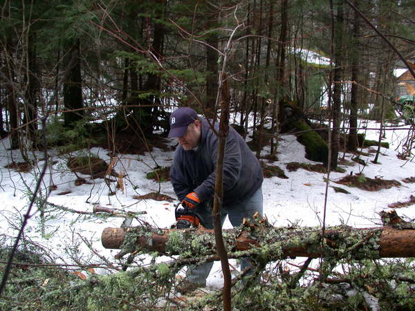 Jon cutting up a fallen tree.