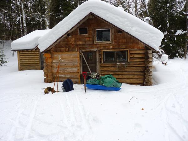 Cabin kitchen entrance on arrival with my gear sled in front.