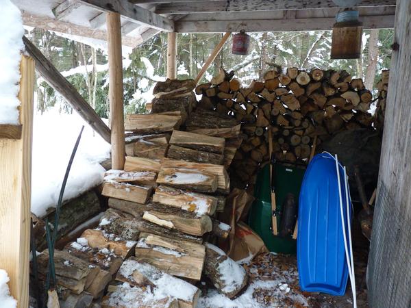 Status of the woodshed on arrival. One load of logs had already been hauled in.