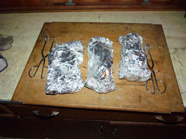 Food wrapped up for cooking in the woodstove.