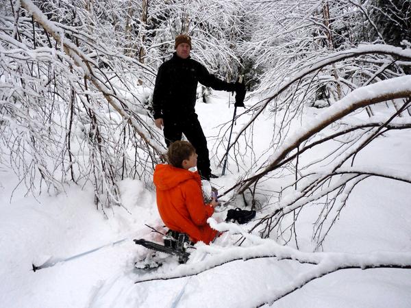 Bill and Frankie taking a break while snowshoeing on the Loop.