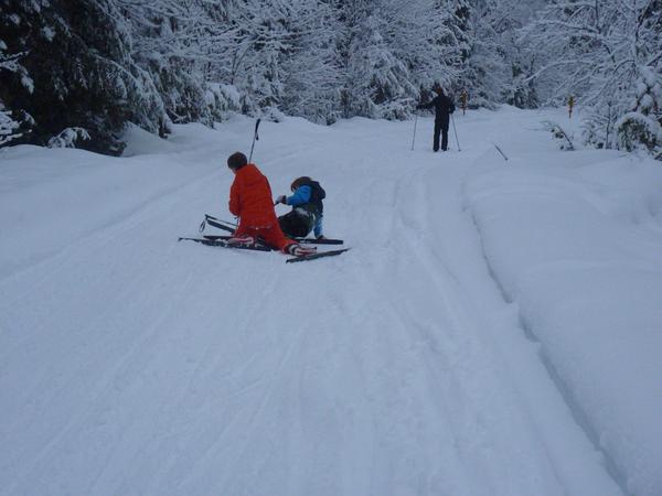 Bill watching Frankie and Teddy falling as they ski on McCloud Grade.