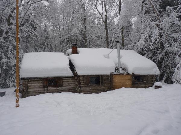 The Cabin as it snows.