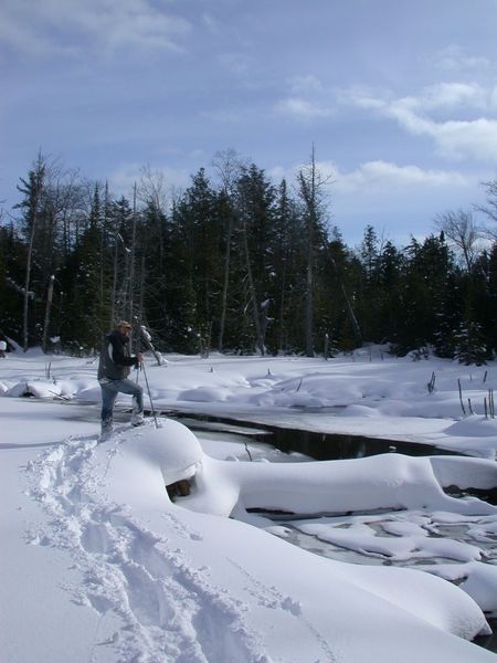Bill on snowshoes overlooking the river behind the cabin.