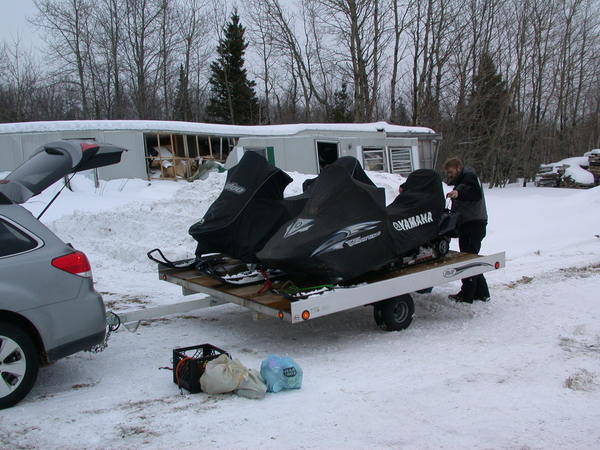 The snowmobiles all set for the drive back home.