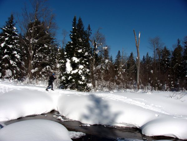 Jon skiing across the buried beaver dam.