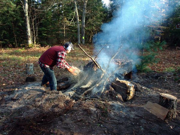 Doug chainsawing the stump.