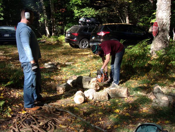 Cutting wood.