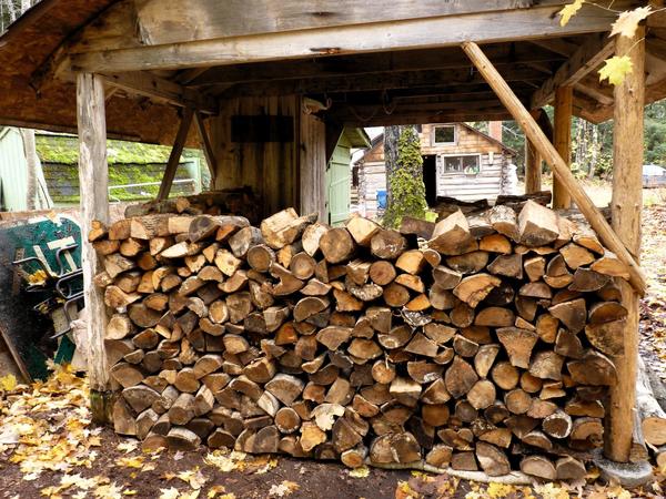 Woodshed filled with newly delivered wood (back view).