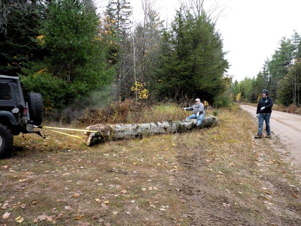 Jon riding the tree back to the Cabin