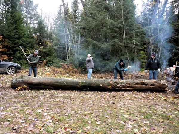 Hacking the tree.  Mike DID chop all the way through!