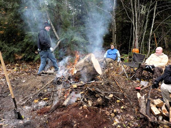 Burning large pieces of the tree.