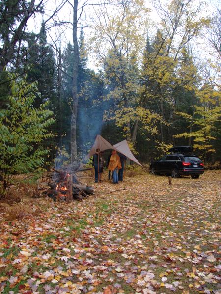 The fire going in the rain. (Of course it rained.)