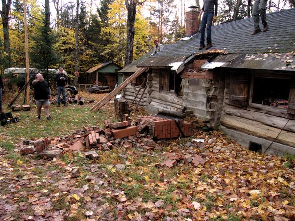 The bulk of the chimney on the ground.