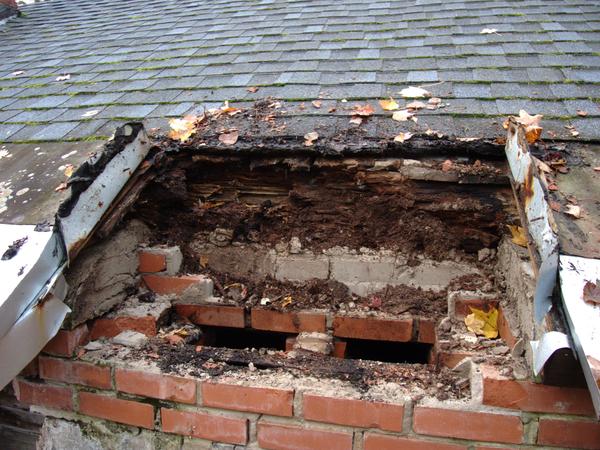 The water damage behind the chimney.  The top part is the main log supporting the roof!  This is why the chimney had to come down.