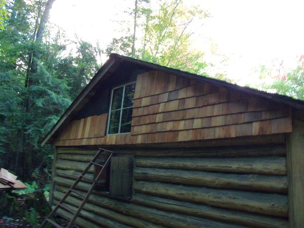 Progress on the cedar shingles on the bunk room.