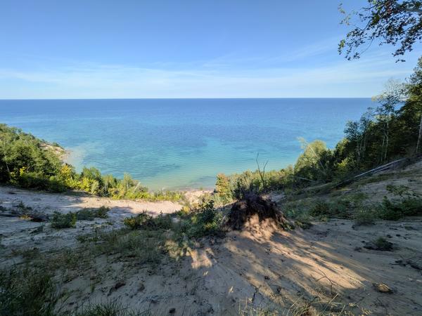 Looking down  to Lake Superior from the trail between the Log Slide and Au Sable Light Station in Pictured Rocks.