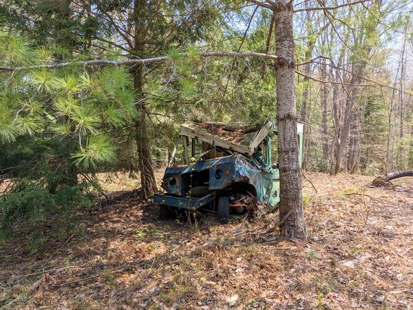 Old smashed truck at a site along Newton Lake.